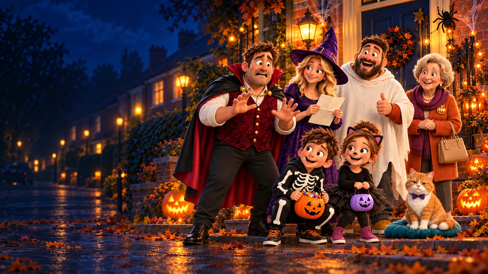 Nicky in his burgundy vampire outfit, Kelly in purple witch robes, Gaz as a ghost, Nan Pat in her autumn coat, Ollie as a skeleton, smaller Daisy as a black cat and Biscuit outside their Halloween porch.