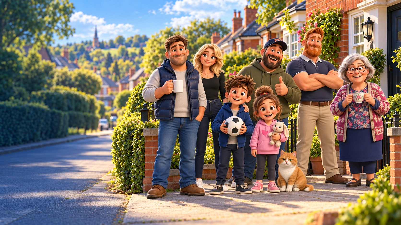 The approved Nicky Next Door family, Gaz, Big Dave, Mrs Finch and Biscuit together on their British street.